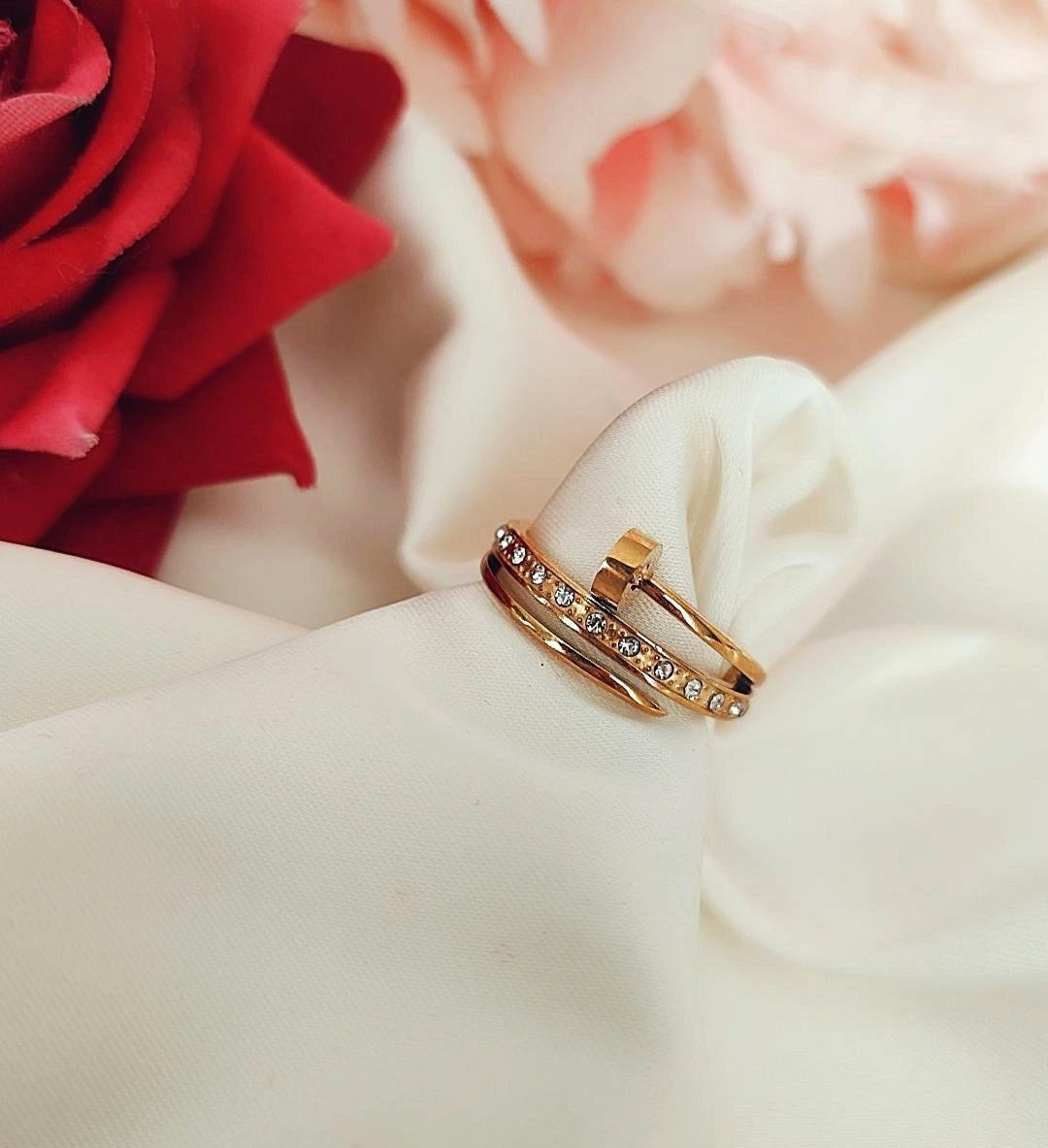 Bague en acier inoxydable double rang et strass