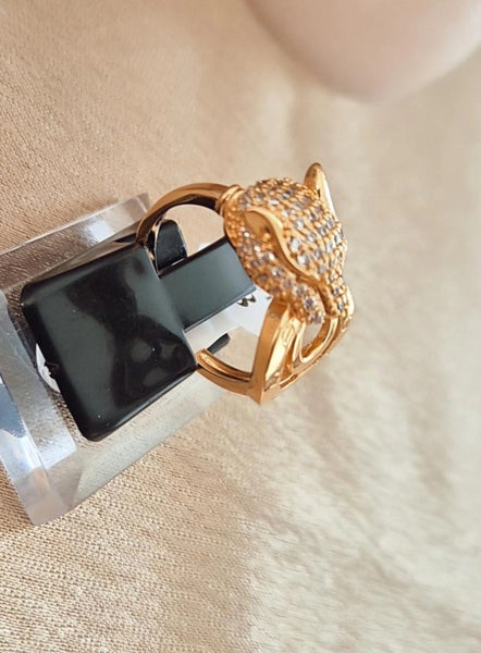 Ensemble bracelet jonc + bague assortis Jaguar et strass en plaqué or