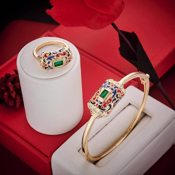 Ensemble Bracelet jonc et bague traditionnels orientaux beldi rouge et vert