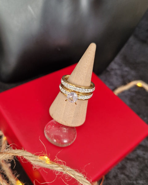 Bague 2 pièces en acier inoxydable strass et solitaire