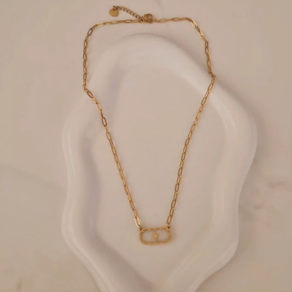 Collier en acier inoxydable pendentif blanc nacré rectangle