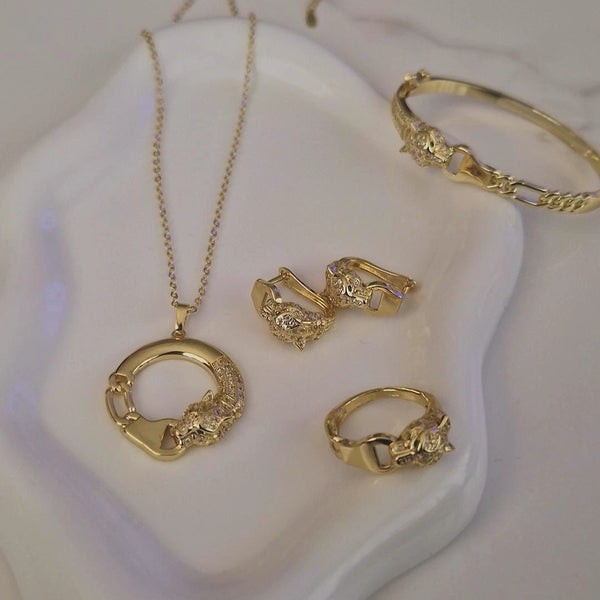 Ensemble Jaguar Collier + bracelet jonc + boucles d'oreilles + bague assortis