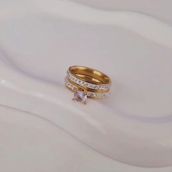 Bague 2 pièces en acier inoxydable strass et solitaire