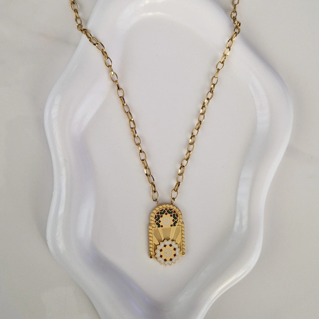 Collier beldi en acier inoxydable porte orientale Bab El Mansour motif Zellige