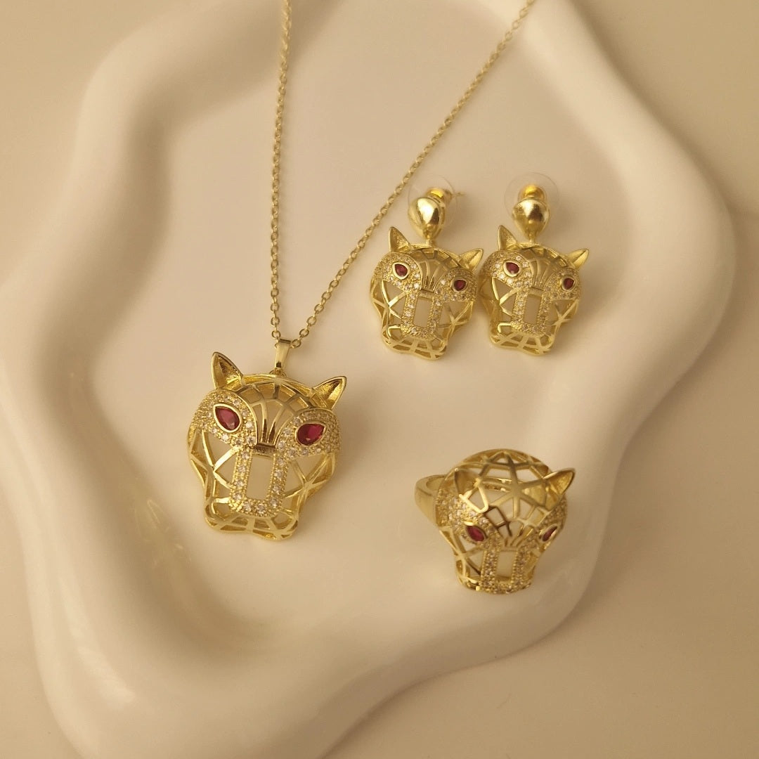 Ensemble Beldi Collier + boucles d'oreilles + bague assortis Jaguar yeux rouges