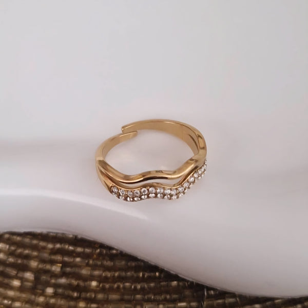 Bague ajustable en acier inoxydable double rangs vague de strass