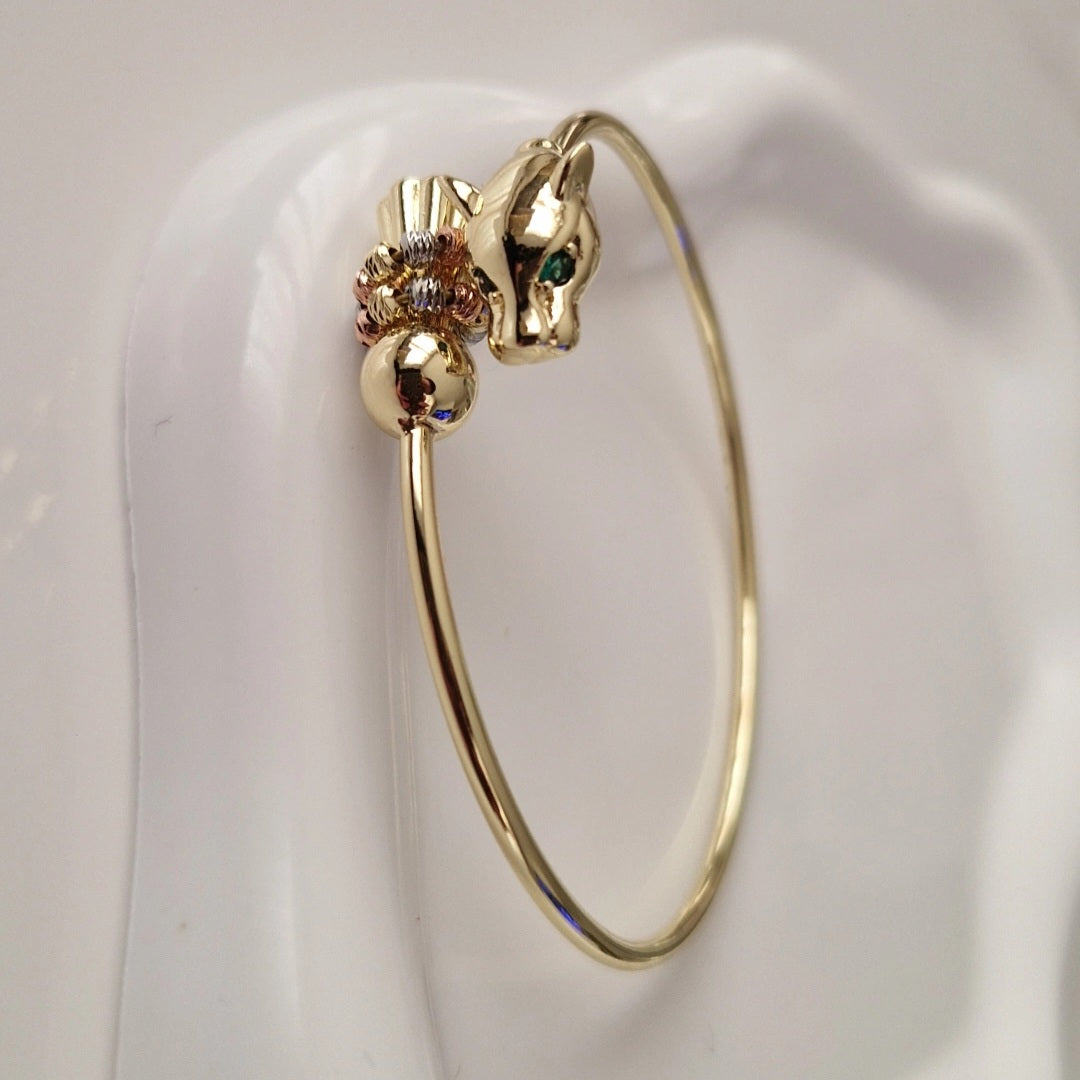 Bracelet jonc jaguar yeux verts et perles ajustable