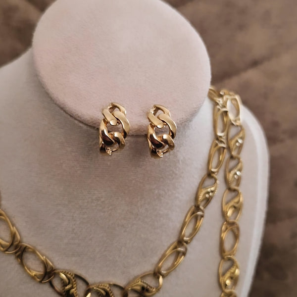 Ensemble Collier, bracelet et boucles d'oreilles en acier inoxydable ajourés et gravures vintage