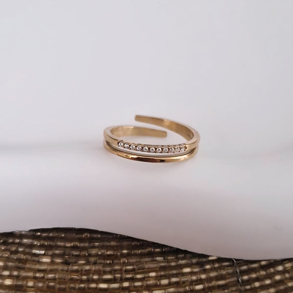 Bague ajustable en acier inoxydable double lignes et strass