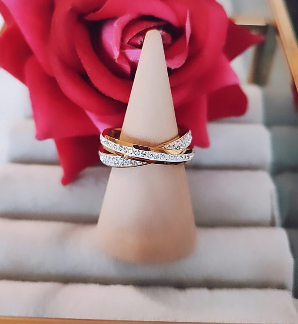 Bague double anneaux en acier inoxydable avec strass